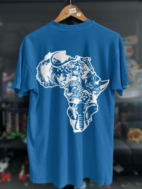 Men's Wild Animals Africa Map Silhouette Print Cotton Casual T-Shirt-Styleame