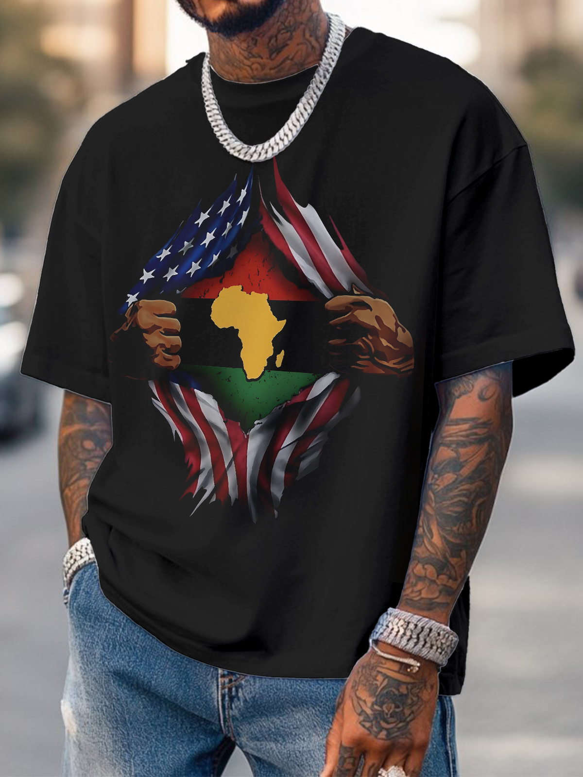Men's Retro Black African Map Art Print T-Shirt-Styleame