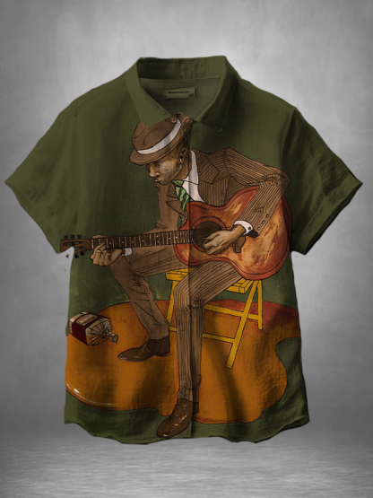 Men's Retro Man Playing Guitar Art Print Short Sleeve Shirt-Styleame