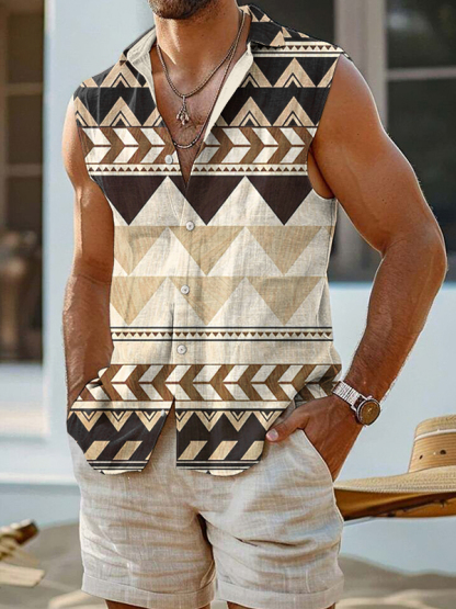 Men's Retro Geometric Art Print Sleeveless Shirt-Styleame