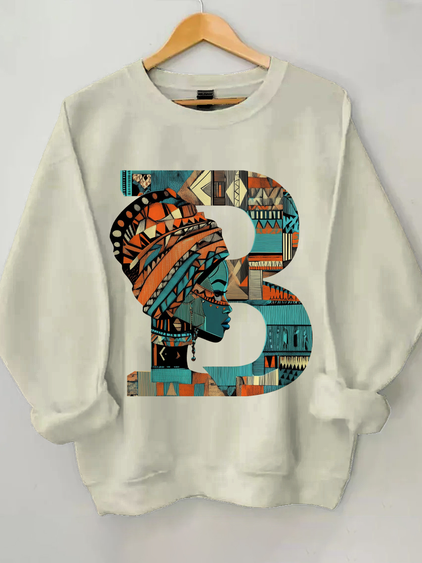 Women's Traditional Pattern B Letter Print Cotton Long Sleeve T-Shirt Thin Sweatshirt-Styleame