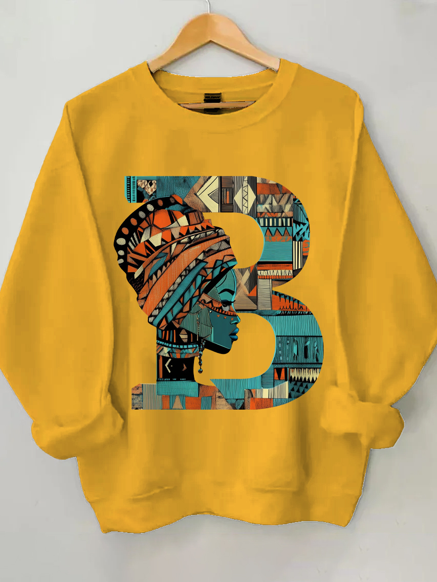 Women's Traditional Pattern B Letter Print Cotton Long Sleeve T-Shirt Thin Sweatshirt-Styleame