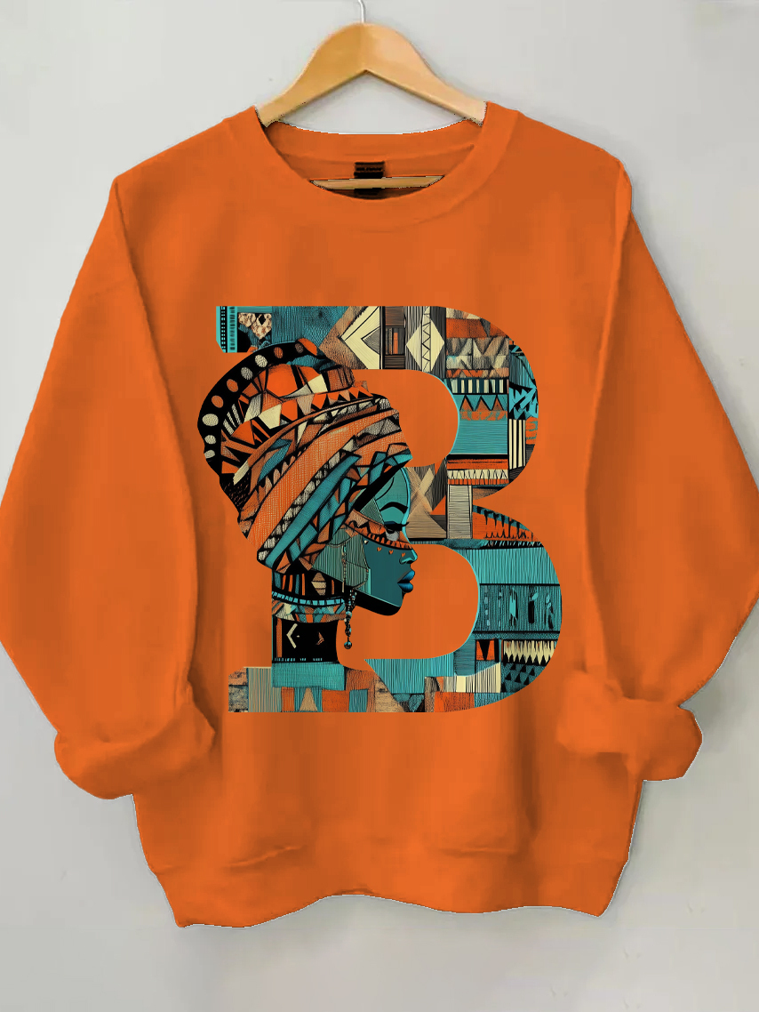 Women's Traditional Pattern B Letter Print Cotton Long Sleeve T-Shirt Thin Sweatshirt-Styleame