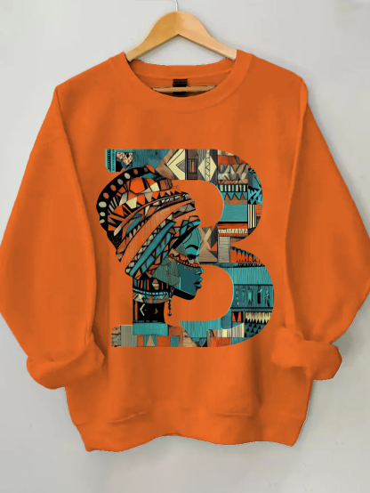 Women's Traditional Pattern B Letter Print Cotton Long Sleeve T-Shirt Thin Sweatshirt-Styleame