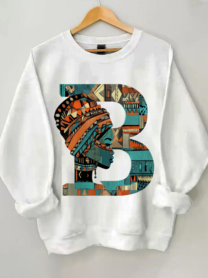 Women's Traditional Pattern B Letter Print Cotton Long Sleeve T-Shirt Thin Sweatshirt-Styleame