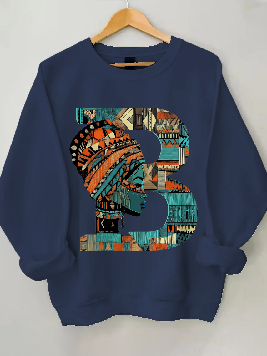 Women's Traditional Pattern B Letter Print Cotton Long Sleeve T-Shirt Thin Sweatshirt-Styleame