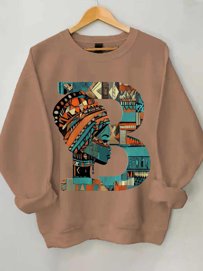 Women's Traditional Pattern B Letter Print Cotton Long Sleeve T-Shirt Thin Sweatshirt-Styleame