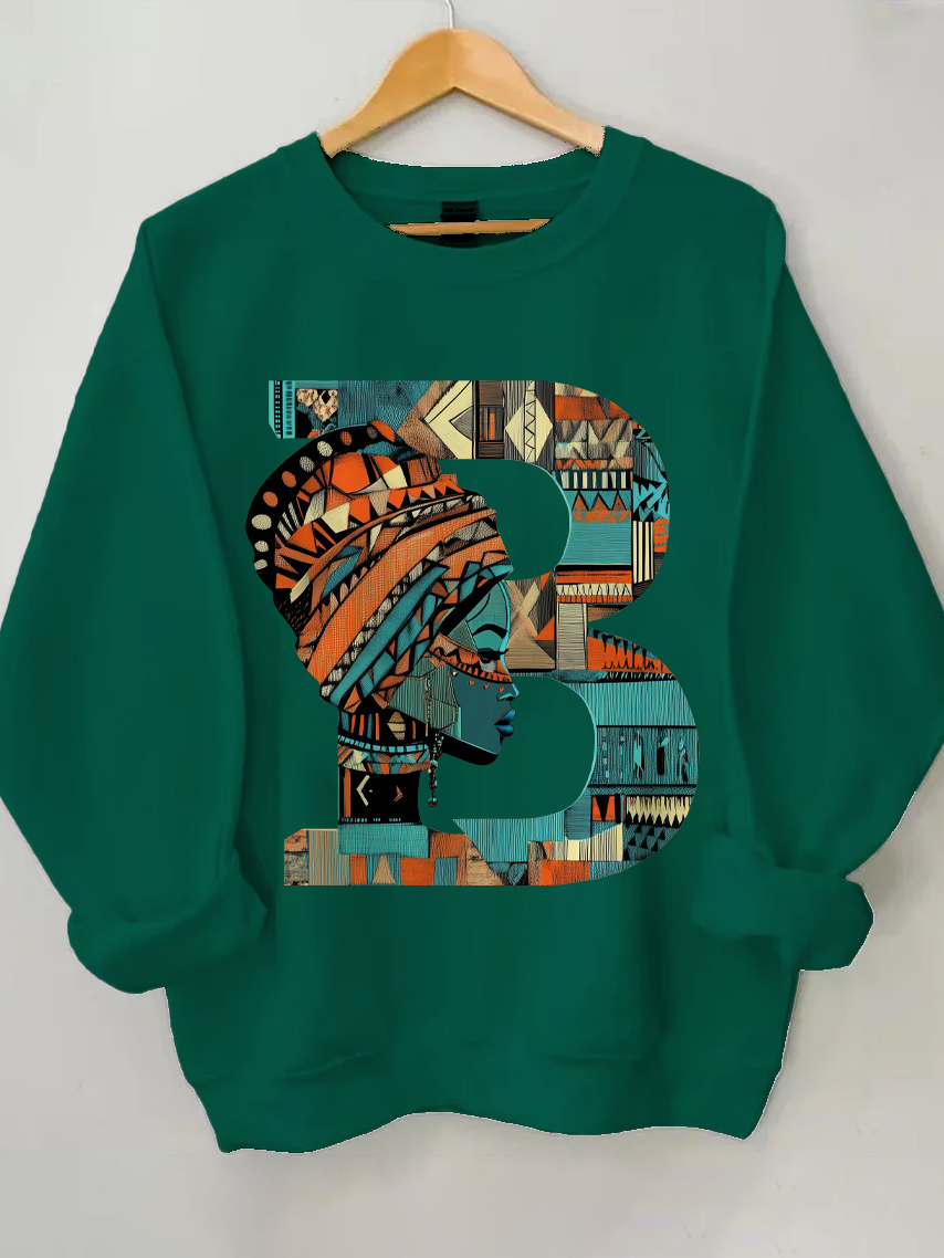 Women's Traditional Pattern B Letter Print Cotton Long Sleeve T-Shirt Thin Sweatshirt-Styleame