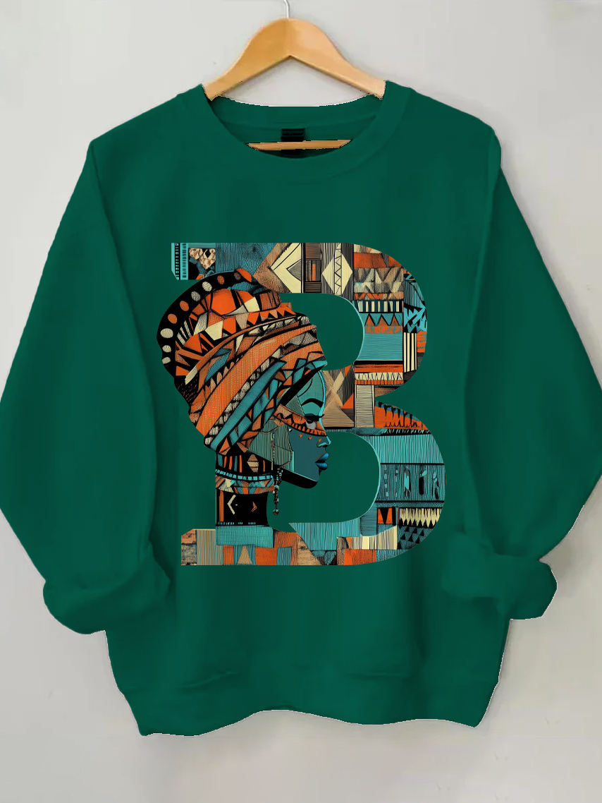 Women's Traditional Pattern B Letter Print Cotton Long Sleeve T-Shirt Thin Sweatshirt-Styleame