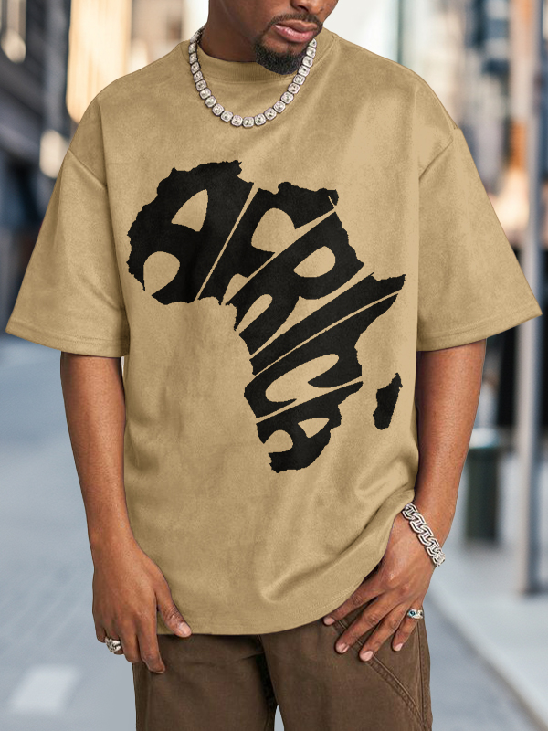 Men's Africa Map Letter Art Print Cotton Washed T-Shirt-Styleame