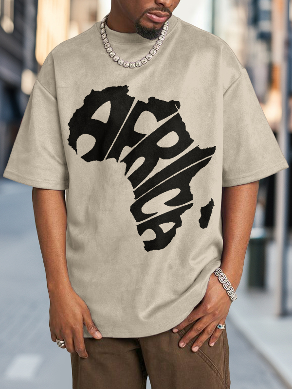 Men's Africa Map Letter Art Print Cotton Washed T-Shirt-Styleame