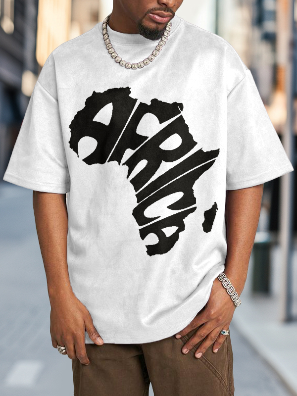 Men's Africa Map Letter Art Print Cotton Washed T-Shirt-Styleame