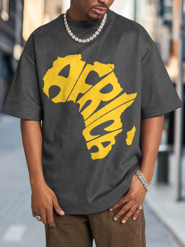 Men's Africa Map Letter Art Print Cotton Washed T-Shirt-Styleame