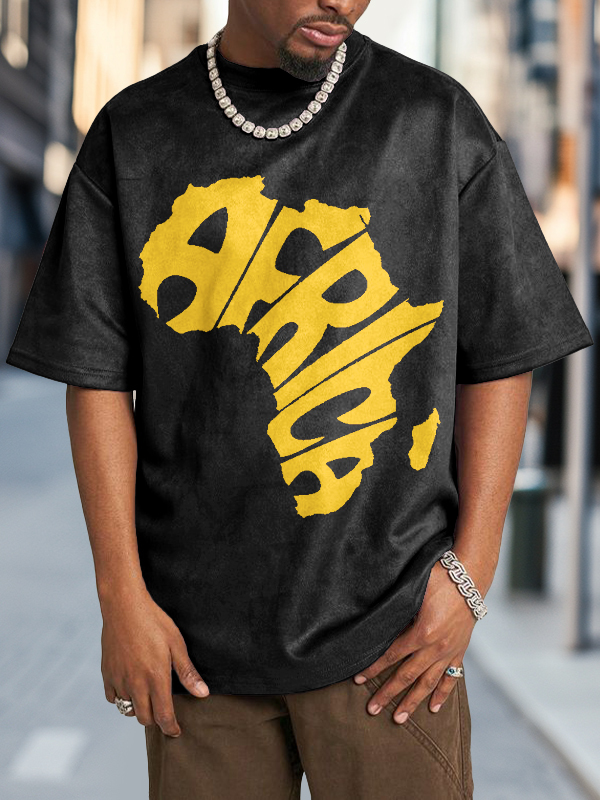 Men's Africa Map Letter Art Print Cotton Washed T-Shirt-Styleame