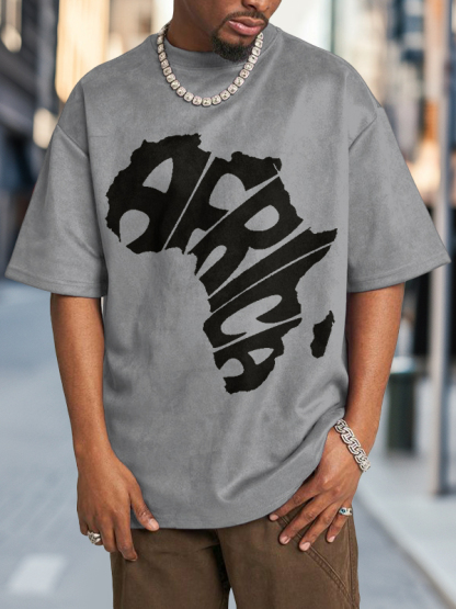 Men's Africa Map Letter Art Print Cotton Washed T-Shirt-Styleame