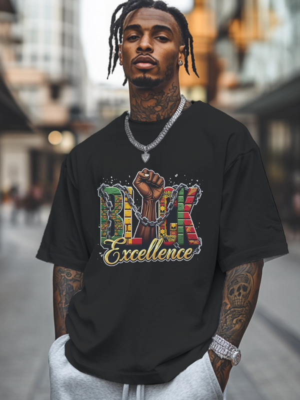 Men's Black Excellence Print Cotton Casual T-Shirt-Styleame