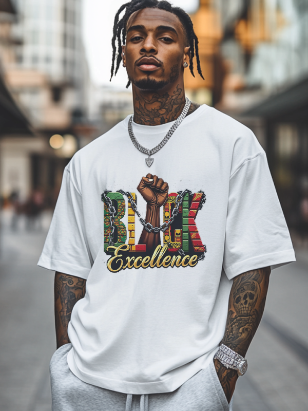 Men's Black Excellence Print Cotton Casual T-Shirt-Styleame