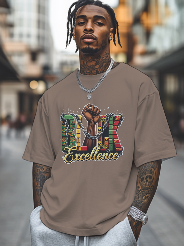 Men's Black Excellence Print Cotton Casual T-Shirt-Styleame