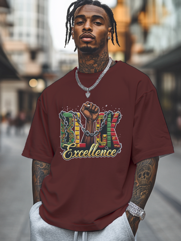 Men's Black Excellence Print Cotton Casual T-Shirt-Styleame