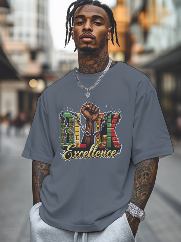 Men's Black Excellence Print Cotton Casual T-Shirt-Styleame