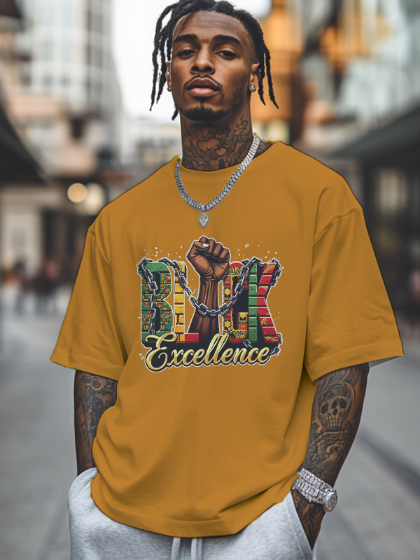 Men's Black Excellence Print Cotton Casual T-Shirt-Styleame