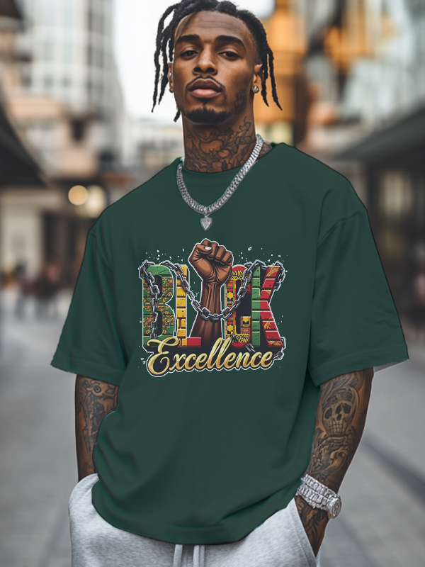 Men's Black Excellence Print Cotton Casual T-Shirt-Styleame