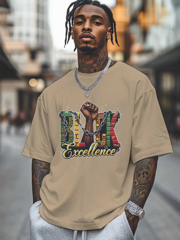 Men's Black Excellence Print Cotton Casual T-Shirt-Styleame