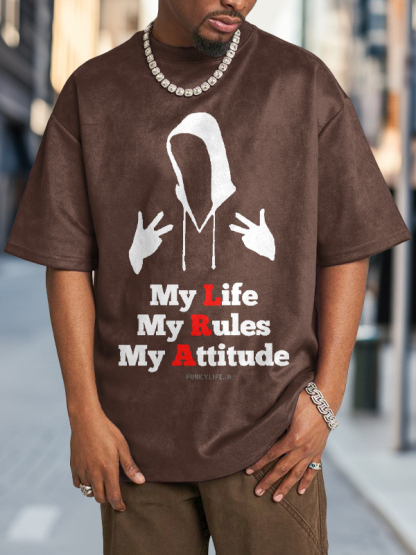 Men's My Life My Rules My Attitude Funky Life Print Cotton Washed T-Shirt-Styleame