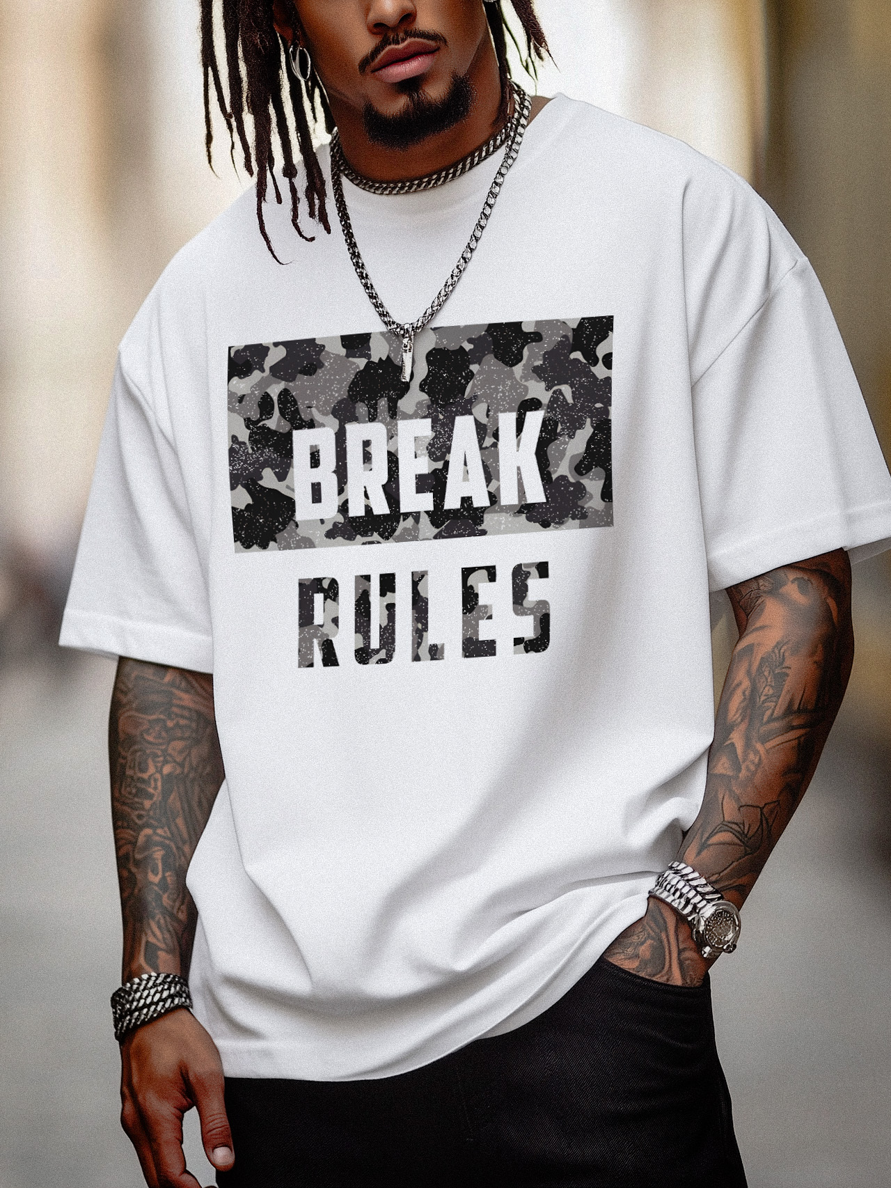 Men's Break Rules Camouflage Graphic Print Cotton Casual T-Shirt-Styleame