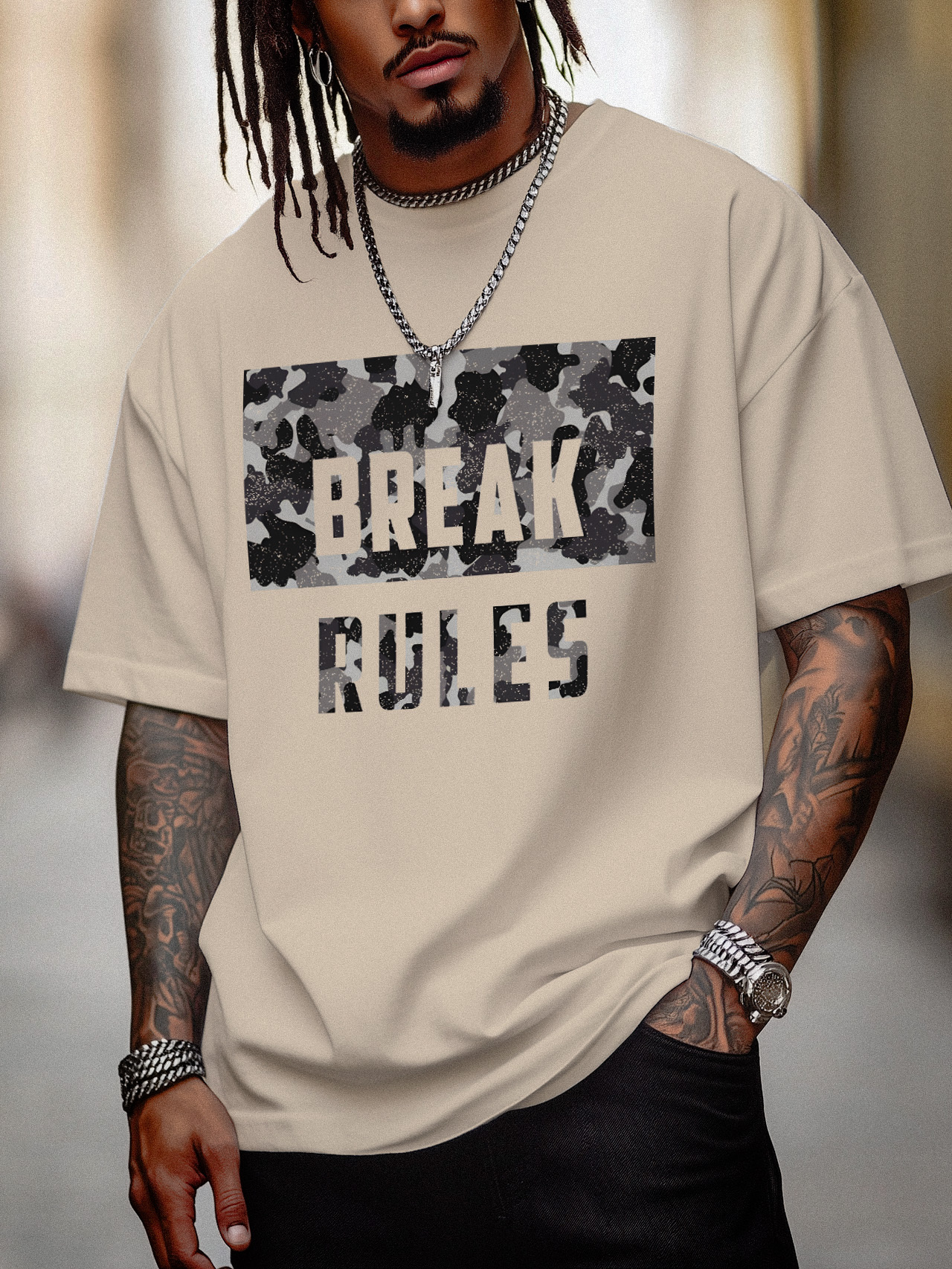 Men's Break Rules Camouflage Graphic Print Cotton Casual T-Shirt-Styleame