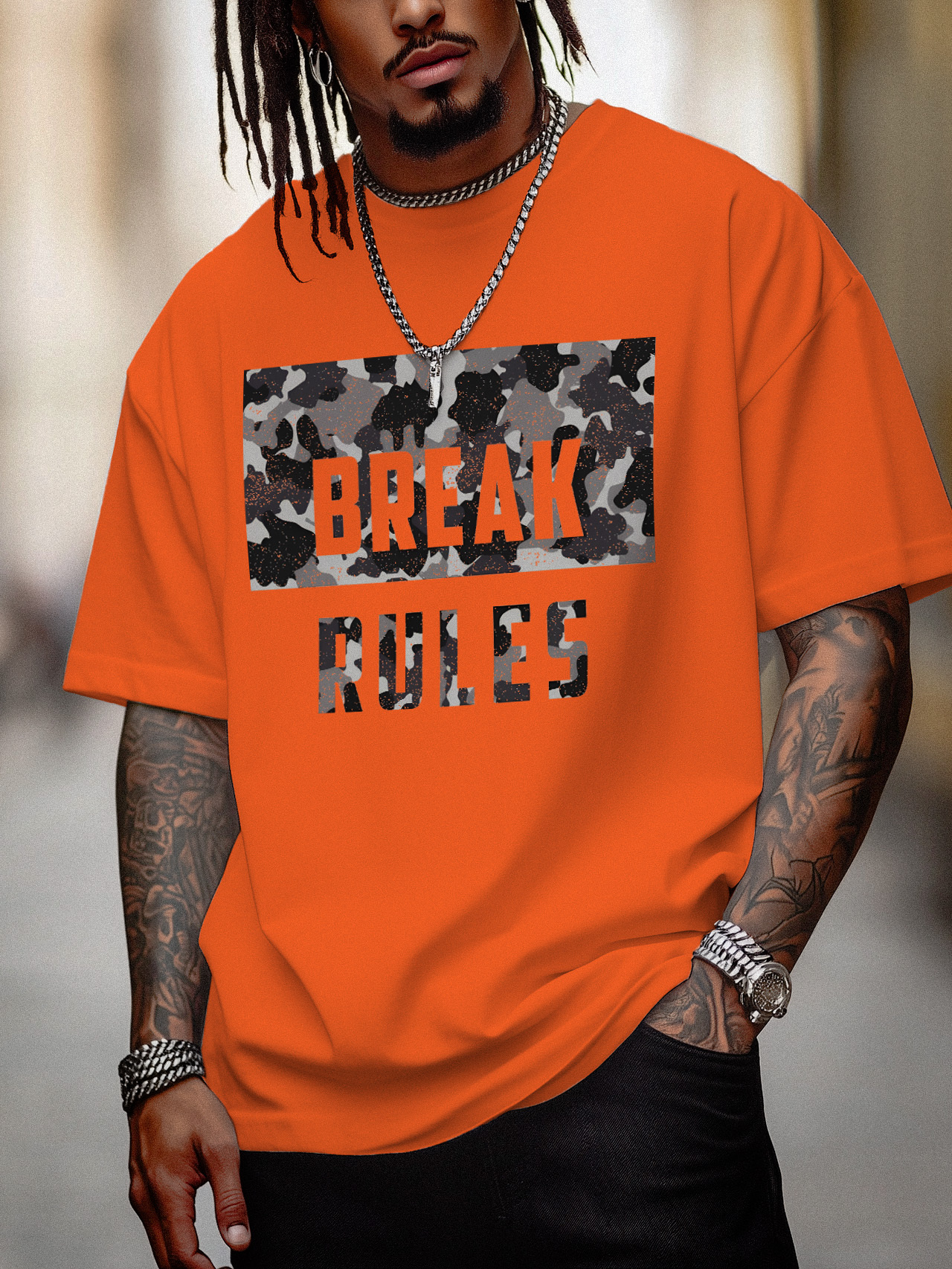 Men's Break Rules Camouflage Graphic Print Cotton Casual T-Shirt-Styleame