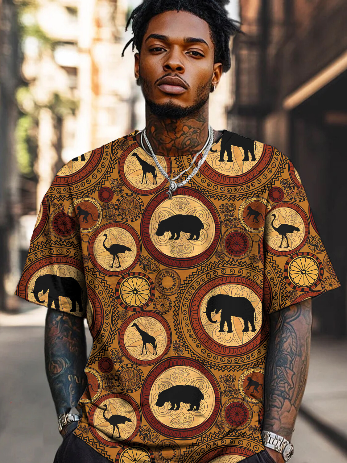 Men's Retro African Ethnic Patterned Animals Print Casual T-Shirt-Styleame