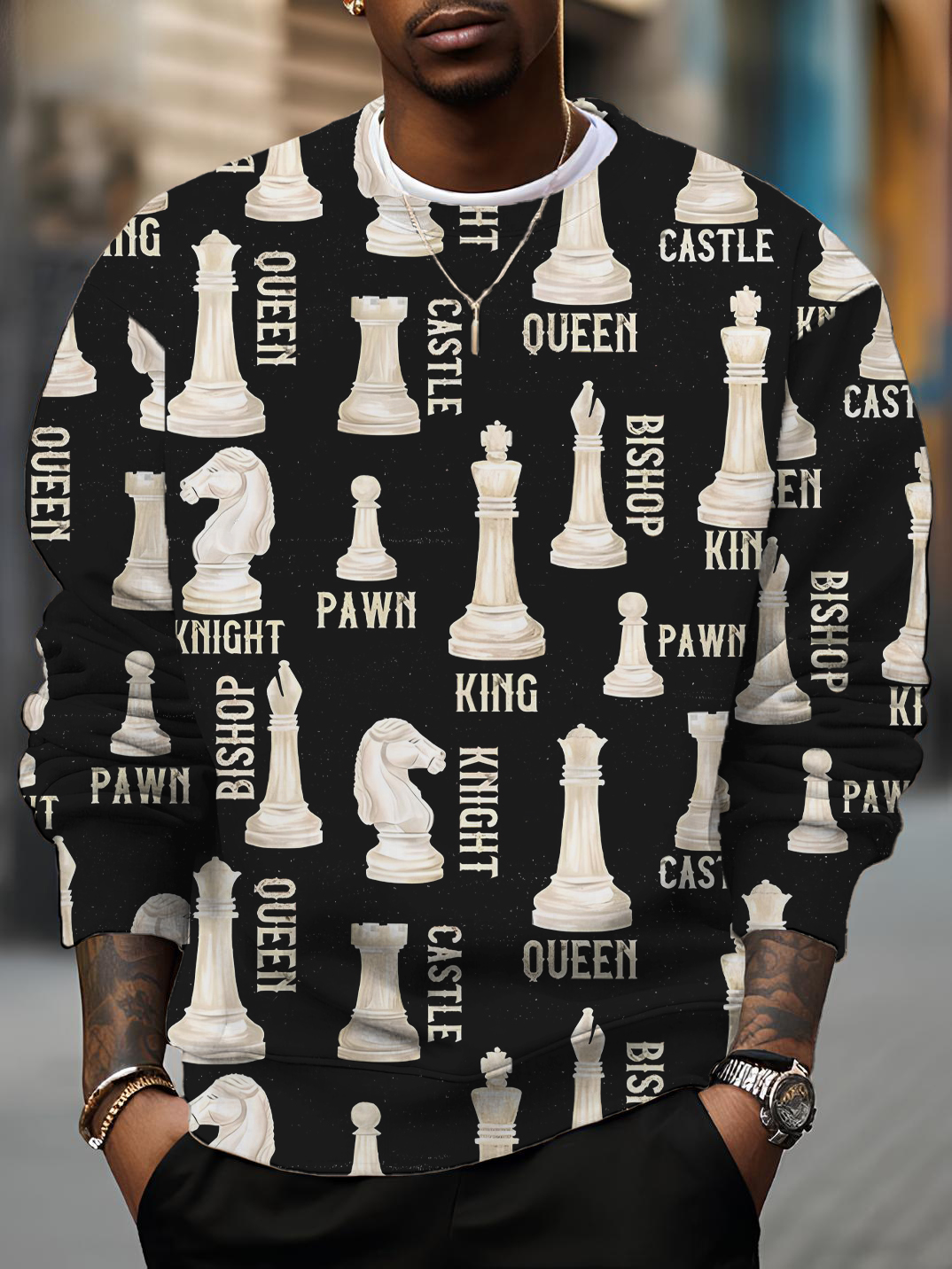 Men's Retro Western Chess Letter Print Casual Sweatshirt-Styleame
