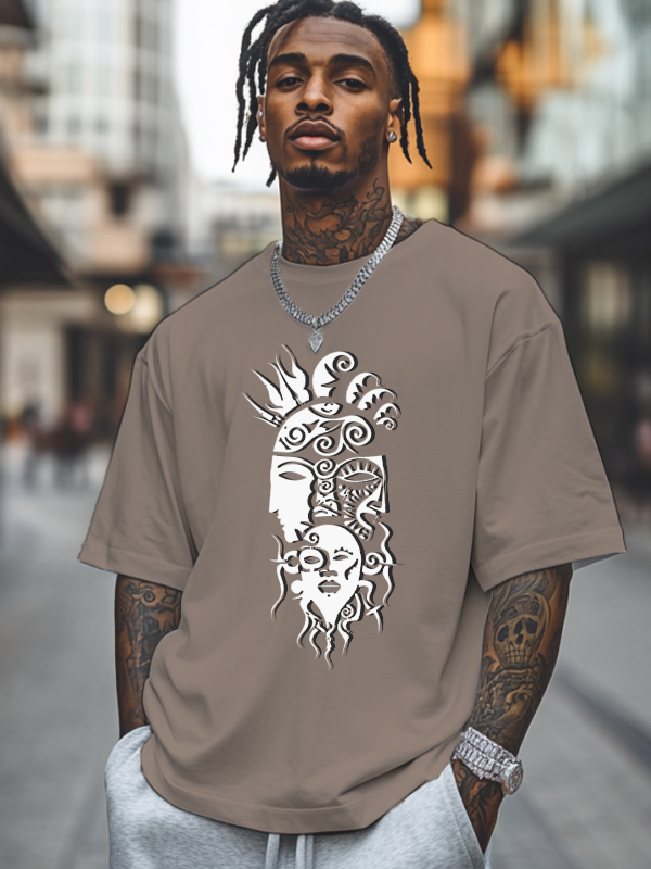 Men's Tribe Ethnic Pattern Mask Print Cotton Casual T-Shirt-Styleame