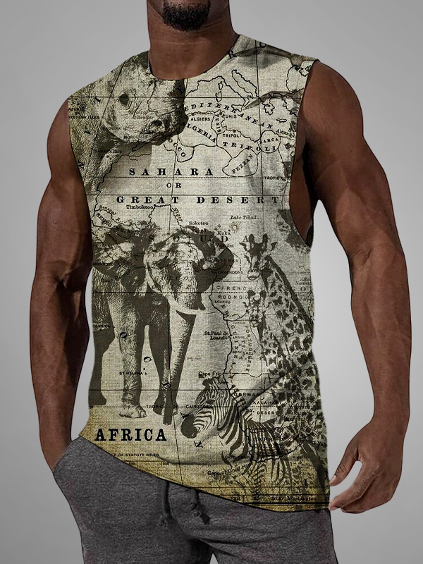 Men's Nature Art African Elephant Zebra Giraffe Print Tank Top-Styleame
