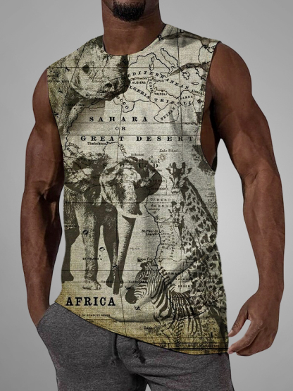 Men's Nature Art African Elephant Zebra Giraffe Print Tank Top-Styleame