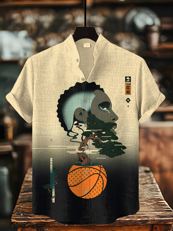 Men's Fun Basketball Vegetative State Japanese Art Print Short Sleeve Shirt-Styleame