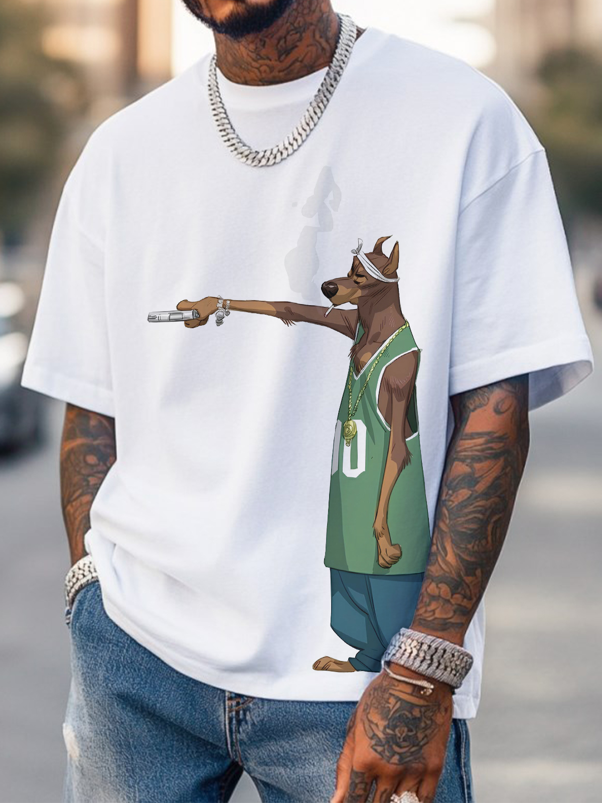 Men's Hiphop Dog Holding A Gun Art Print Cotton Casual T-Shirt-Styleame