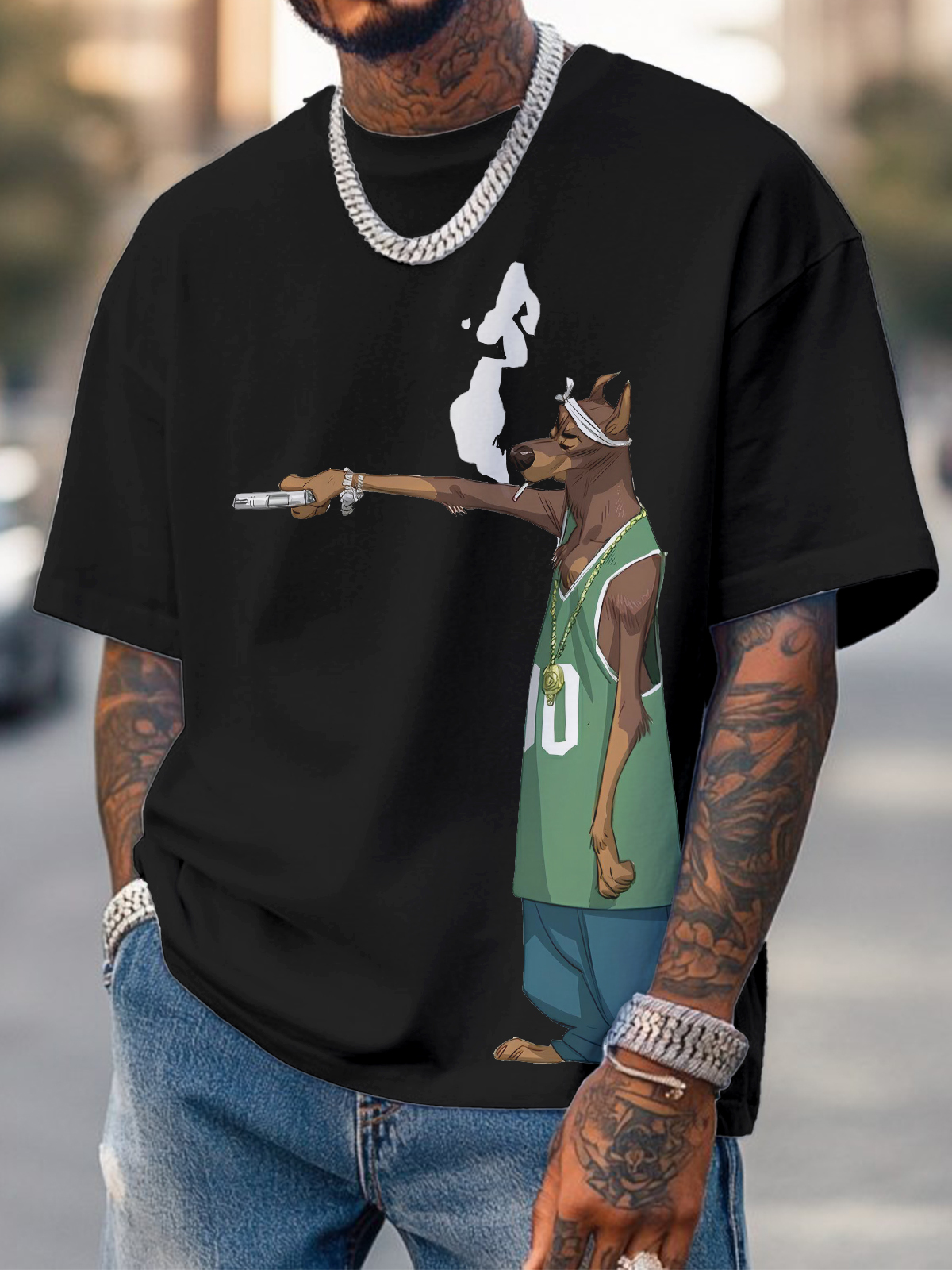 Men's Hiphop Dog Holding A Gun Art Print Cotton Casual T-Shirt-Styleame