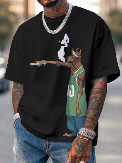 Men's Hiphop Dog Holding A Gun Art Print Cotton Casual T-Shirt-Styleame