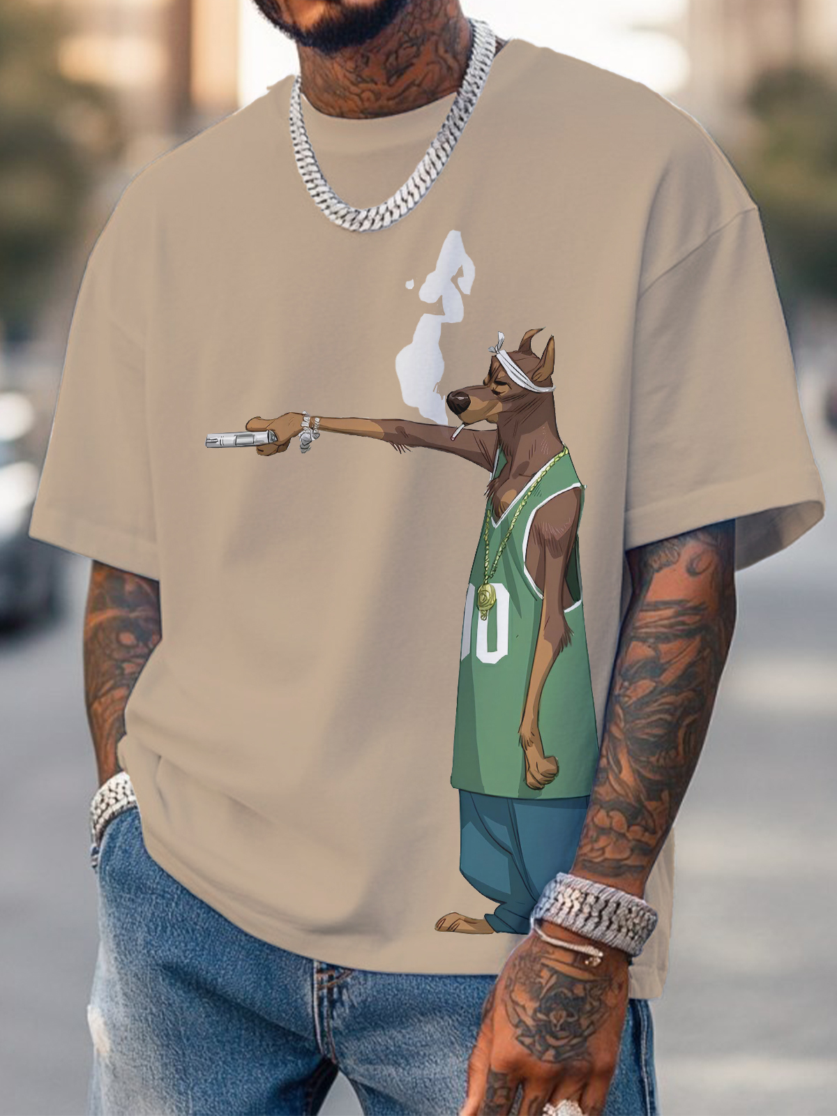 Men's Hiphop Dog Holding A Gun Art Print Cotton Casual T-Shirt-Styleame