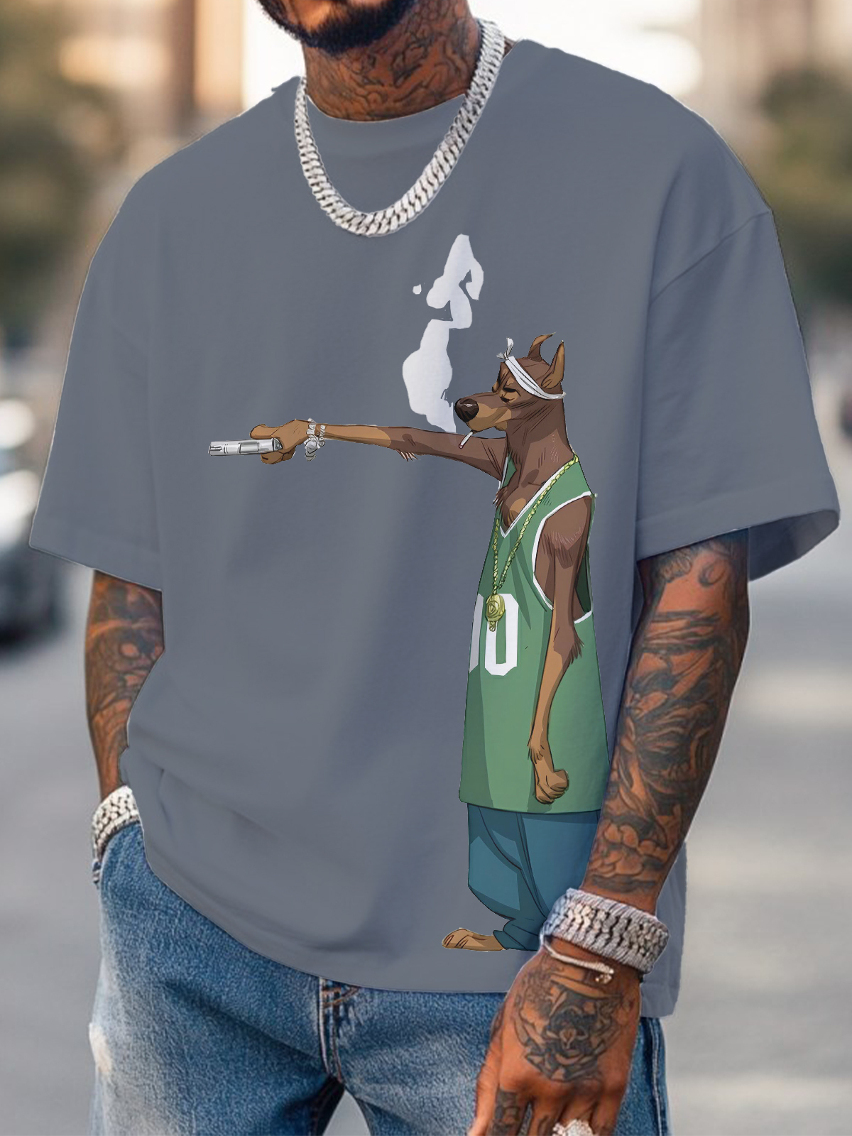 Men's Hiphop Dog Holding A Gun Art Print Cotton Casual T-Shirt-Styleame