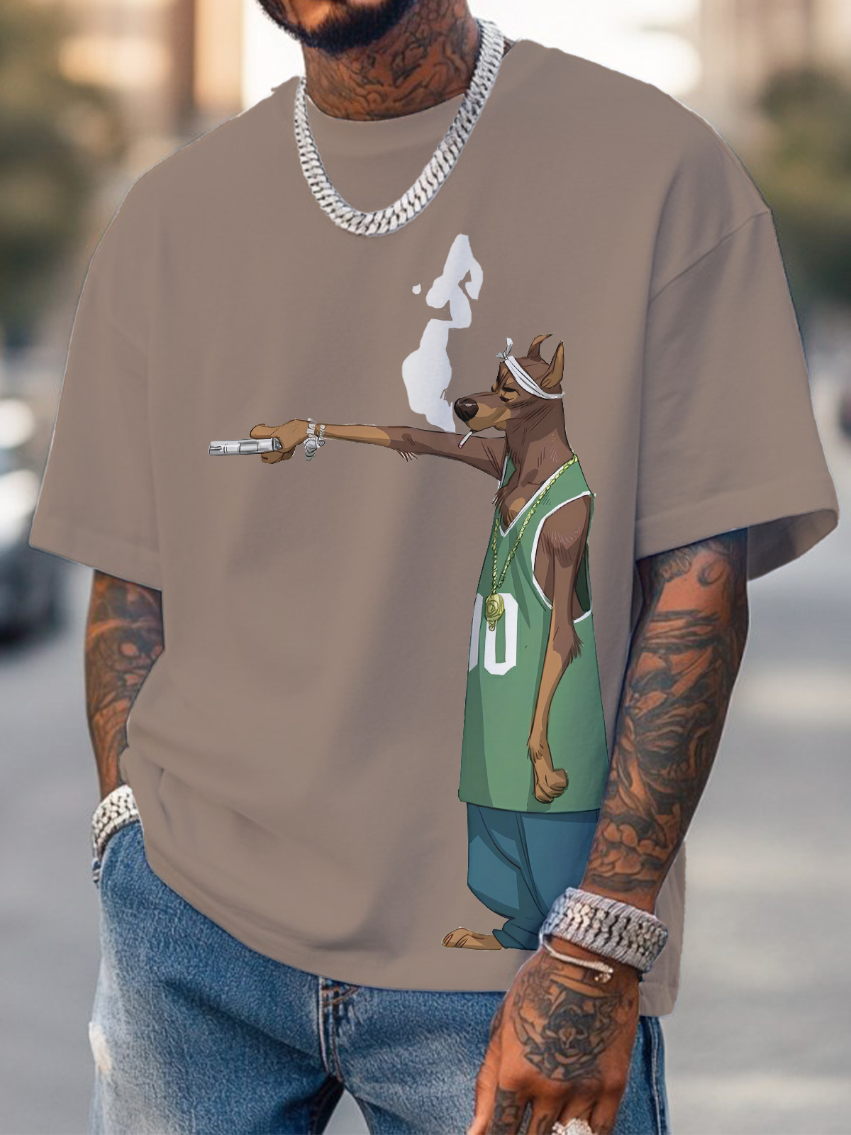 Men's Hiphop Dog Holding A Gun Art Print Cotton Casual T-Shirt-Styleame