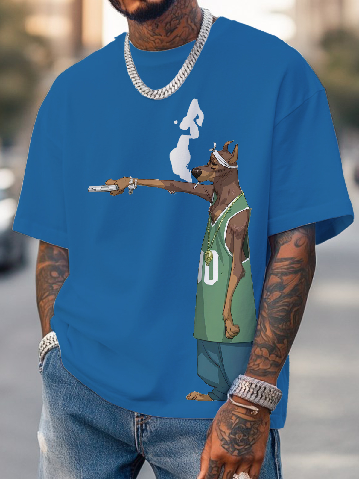 Men's Hiphop Dog Holding A Gun Art Print Cotton Casual T-Shirt-Styleame