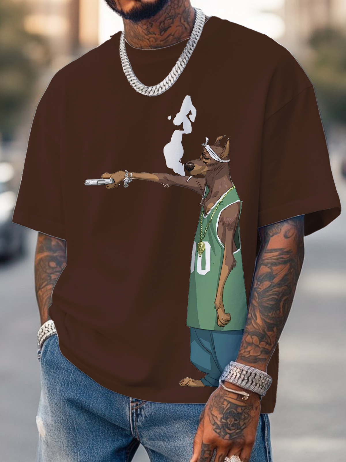 Men's Hiphop Dog Holding A Gun Art Print Cotton Casual T-Shirt-Styleame