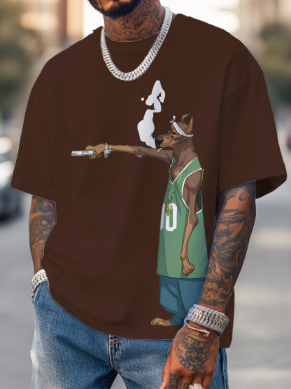Men's Hiphop Dog Holding A Gun Art Print Cotton Casual T-Shirt-Styleame