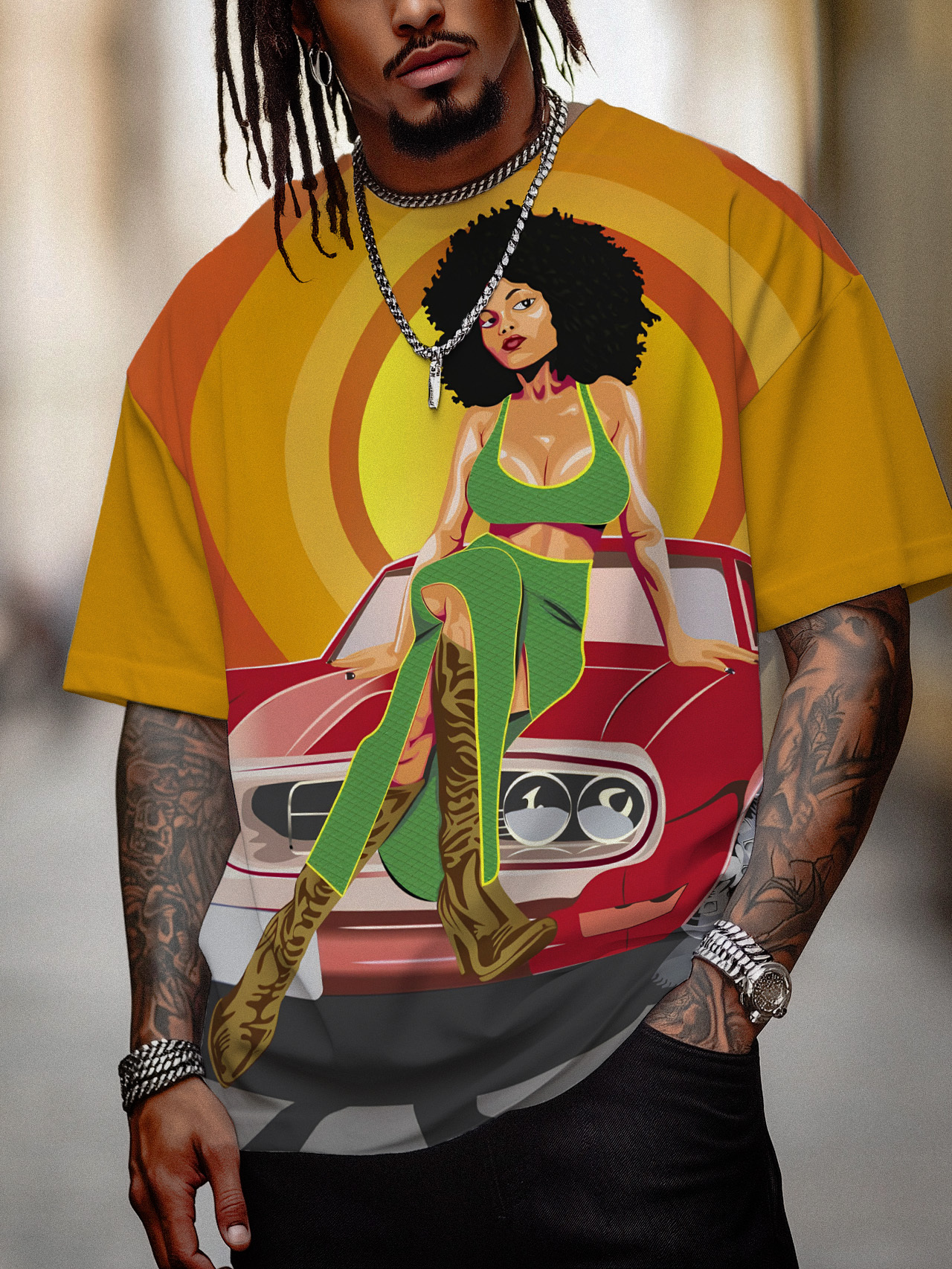 Men's Retro Black Lady And Car Print Casual T-Shirt-Styleame