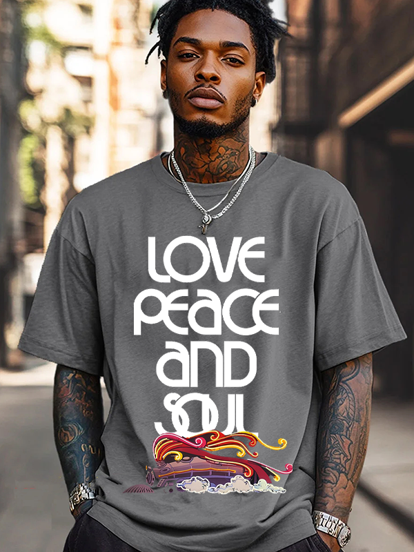 Men's Love Peace And Soul Train Print Cotton Casual T-Shirt-Styleame