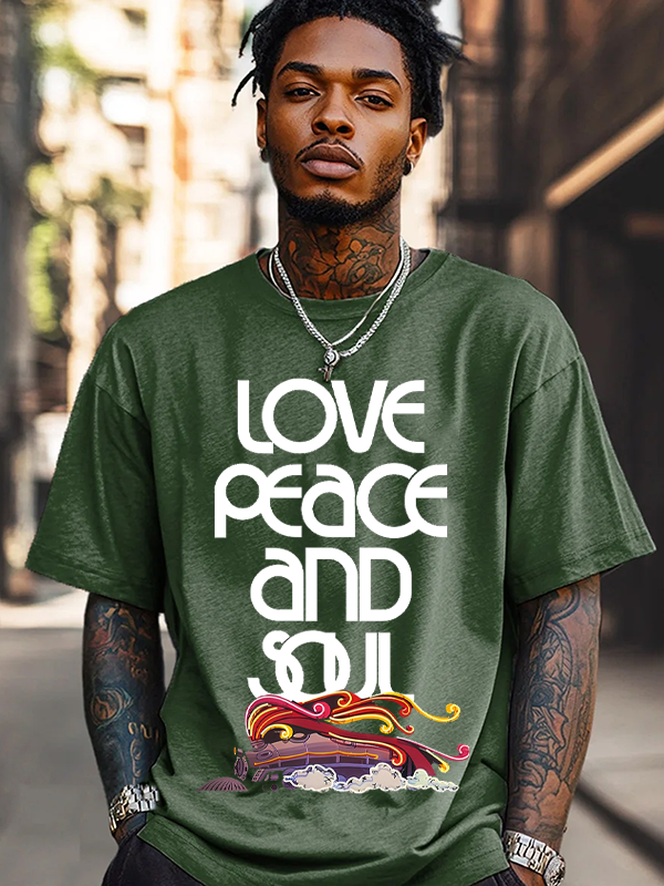 Men's Love Peace And Soul Train Print Cotton Casual T-Shirt-Styleame