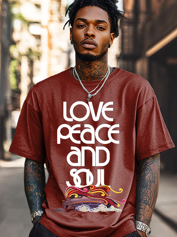Men's Love Peace And Soul Train Print Cotton Casual T-Shirt-Styleame